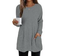 Oversized Sweatshirts for Women UK Women Ribbed Knit Sweaters Lightweight Long Sleeve Tops Casual Round Neck Sweatshirt Ladies Curved Hem Tunic Top Autumn Winter Knit Sweater with Pockets Dark Gray