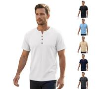 Oversized T Shirt Men Plain Henley Short Sleeve Cotton Linen T-Shirt Summer Comfy Breathable Button Down Tshirts Mens Tops Casual Smart Trendy Tee for Office Lounge Wear(White,3XL)