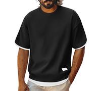 Oversized T Shirt Men Waffle Half Sleeve Summer T-Shirts Fake Two-Piece Casual Tshirts Crew Neck Tee Shirts Loose Fit Fashion Patchwork Color Workout Gym Tops Daily Breathable Sports Top Black