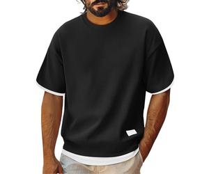 Oversized T Shirt Men Waffle Half Sleeve Summer T-Shirts Fake Two-Piece Casual Tshirts Crew Neck Tee Shirts Loose Fit Fashion Patchwork Color Workout Gym Tops Daily Breathable Sports Top Black