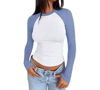 Oversized T-Shirt with Raglan Sleeves, Slim Fit Crop Tops, Women's Long Sleeve Shirt, Slim Fit, Stretchy Colour Block, Slightly Cropped Two-Tone Patchwork Tops, Casual Sports Base Shirt, sky blue, S