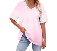 Oversized T Shirts for Women Casual Gradient Printing Tops V-Neck Short Sleeve Summer Tees Plus Size Boyfriend-Look Sportshirt Loose Comfy Blouse T-Shirt for Chubby Ladies S-5XL Pink