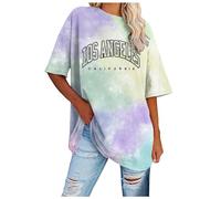 Oversized T Shirts for Women Los Angeles Summer Drop Shoulder Sports Casual Loose Walking Cycling Summer Baggy Plus Size Casual Cotton Tee Tops Yellow