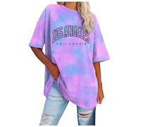 Oversized T Shirts for Women Los Angeles Summer Drop Shoulder Sports Casual Loose Walking Cycling Summer Baggy Plus Size Casual Cotton Tee Tops Purple