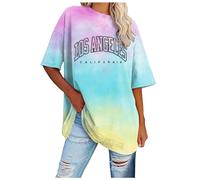 Oversized T Shirts for Women Los Angeles Summer Drop Shoulder Sports Casual Loose Walking Cycling Summer Baggy Plus Size Casual Cotton Tee Tops Sky Blue