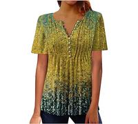 Oversized T Shirts for Women Plus Size 22,Ladies Summer Tops Button V Neck Henley T-Shirt Retro Floral Printed Elegant Graphic Tee Shirts Short Sleeve Workout Blouse Longline Tunic Tops UK Yellow