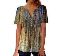 Oversized T Shirts for Women Plus Size 22,Ladies Summer Tops Button V Neck Henley T-Shirt Retro Floral Printed Elegant Graphic Tee Shirts Short Sleeve Workout Blouse Longline Tunic Tops UK Gold