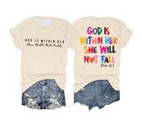 Oversized T Shirts for Women Summer Short Sleeve Crew Neck Going Out Tops God is Within Her She Will Not Fall Slogan Graphic T Shirt Relaxed Fit Inspirational Tees,Beige,S