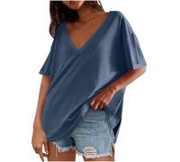 Oversized T Shirts for Women UK Sale Summer Y2k Short Sleeve Ladies Tops Sports Blouse T-Shirts Solid Color Deep V Neck Casual Going Out Cotton Gym Batwing Top Loose Blouses Daily Basic Tee Blue