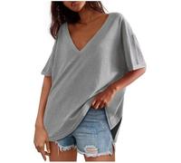 Oversized T Shirts for Women UK Sale Summer Y2k Short Sleeve Ladies Tops Sports Blouse T-Shirts Solid Color Deep V Neck Casual Going Out Cotton Gym Batwing Top Loose Blouses Daily Basic Tee Gray