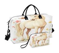 Oversized Travel Duffel Bag Carry On Personal Item Bag with Adjustable Strap for Trip Waterproof Cartoon Cute Horse White Flower Butterfly