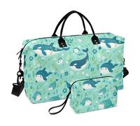 Oversized Travel Duffel Bag Delicate Cartoon Orca Green Shoulder Weekender Overnight Bag with Toiletry Bag for Workout Foldable bolsa para en avion