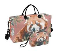 Oversized Travel Duffel Bag Overnight Carry On Tote and Luggage with Toiletry Bag for Trekking 2 Pcs Set Lesser Panda Floral Red Boho