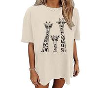 Oversized Tshirts for Women Animal Print Clothes Giraffe Tiger Zoo Print Shirt Funny Graphic Tees, Apricot, L