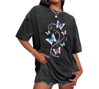 Oversized Tshirts for Women Short Sleeve Crew Neck Vintage Washed Basic Loose Casual Tees 2026, Black Butterfly Flower, XXL