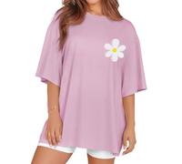 Oversized Tshirts for Women Summer Graphic Short Sleeve Crew Neck Tee Shirt, Light Purple Flower, XXL