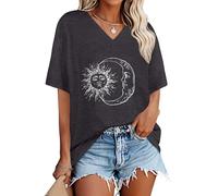 Oversized Tshirts for Women V Neck Short Sleeve Summer Casual Basic Loose Tops, Gray White Sun Moon, 3XL