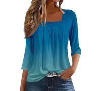 Oversized Tshirts Women UK A Solid Color T Shirt with A Square Neck for Ladies A Casual Pleated Loose and Flowing Three Quarter Sleeve Top Comfy Black Linen top Womens Linen Shirts