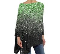Oversized Tunic Tops for Women Glitter Print Round Neck Pullover Loose Shirts Asymmetric Hem Swing Blouse Baggy Long Sleeve Sparkle Shirts Tops Cardigans for Women Uk Sale Green