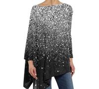 Oversized Tunic Tops for Women Glitter Print Round Neck Pullover Loose Shirts Asymmetric Hem Swing Blouse Baggy Long Sleeve Sparkle Shirts Tops Holiday Essentials for Women Silver