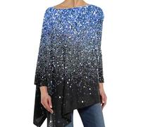 Oversized Tunic Tops for Women Glitter Print Round Neck Pullover Loose Shirts Asymmetric Hem Swing Blouse Baggy Long Sleeve Sparkle Shirts Tops Lightning Deals Today Blue
