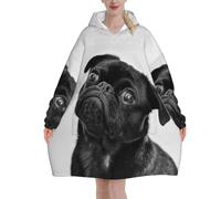 Oversized Wearable Blanket Hoodie Cute Black Pug Dog,Super Soft Flannel Hooded Blanket Pullover For Adults,Warm Fleece Sweatshirt For Women Men/Cozy Wearable Blanket Hoodie For Cold Weather