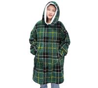 Oversized Wearable Blanket Hoodie, Teddy Fleece Fluffy Sherpa, Printed Hooded Sweatshirt Blanket Pullover, Giant Hooded (Tartan Green)