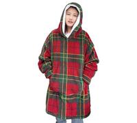 Oversized Wearable Blanket Hoodie, Teddy Fleece Fluffy Sherpa, Printed Hooded Sweatshirt Blanket Pullover, Giant Hooded (Tartan Red)