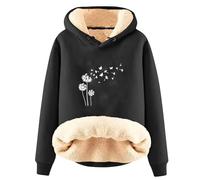Oversized Women Dandelion Printed Hooded Sweater And Velvet Thickened Warm Loose Hooded Pullover Girls Hoodie Fleece Lined Hoodies For Women (Black, XL)
