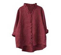 Oversized Women's Blouses & Shirts Long Sleeve Dressy Shirts Cotton Linen Button Up Longline Blouses Casual Lightweight Tunic Tops Ladies Long Length Tops Plus Size UK Sale Wine