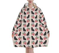 Oversized Women's Wearable Blanket Hoodie, Flannel Pullover Blanket, Blanket Sweatshirt Black Pug Florals Black Pug Flowers Design Cute Dogs Design Best Pug Dog