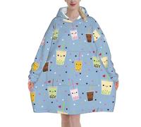 Oversized Women's Wearable Blanket Hoodie, Flannel Pullover Blanket, Blanket Sweatshirt Happy Boba Bubble Tea