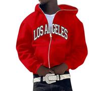 Oversized Zip Up Hoodies For Men Los Angeles Letters Graphic Hoodie Basketball Streetwear Long Sleeve Hooded Sweatshirt Sportswear Y2K Clothes Hip Hop Hoody Tops Casual Outdoor Sports Coat Red