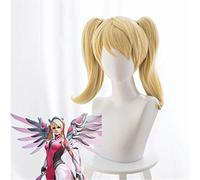 Overwatch Angela Ziegler Mercy Skin Pink Cosplay Wig Short Blonde Anime Costume Wigs with Double Chip Ponytails for Women KUZB419
