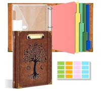 Ovesmusl 1 Inch 3 Ring Binder with Clipboard Leather Round Ring Binder with 5 Dividers, Plastic Folder, 400 Divider Stikers, Fits 175 Sheets 8.5"x11" Letter Size Paper, Tree of Life Brown