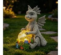 Ovewios Garden Dragon Statue Outdoor Decor, Large Dragon Figurine with Solar Crackle Globe Light Yard Art Decoration Resin Ornament for Indoor Home Outdoor Patio Lawn Gift