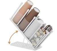 Ovicar Cup and Lid Holder - Adjustable 4 Compartment Disposable Cup Dispenser with Coffee Pod Straw Storage Basket for Bar Countertop Breakroom Metal White