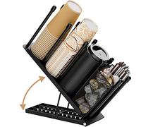 OVICAR Cup and Lid Holder - Adjustable Coffee Cup Holder Organizer 4 Compartment Disposable Cup Dispenser with Coffee Pod Straw Storage Basket for Coffee Station Bar Countertop Breakroom Metal Black