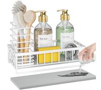 OVICAR Kitchen Sink Caddy Organizer - Sponge Holder with Dish Brush Holders - Instant Dry Waterproof Soap Dispenser Non-Slip Countertop Sink Caddy for Kitchen Bathroom White