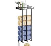 OVICAR Towel Racks for Bathroom - Wall Mounted Rolled Towels Storage with Metal Shelf & 3 Hooks,3 Bars Wall Towel Holder for Small Bathroom, Bath Towel Organizer (Black)