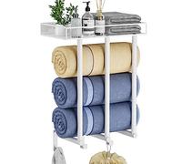 OVICAR Towel Racks for Bathroom - Wall Mounted Towel Rack with Metal Shelf & 3 Hooks, 3 Bars Wall Towel Holder for Small Bathroom, Bath Towel Storage for Rolled Towels Organizer (White)