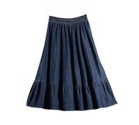 OVJENTSK Women's Elastic High Waist Flared Denim Midi Skirt Tiered Hem Lightweight Breathable Knee Length Casual Summer Jean Skirt for Everyday Wear Navy Blue One Size