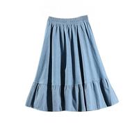 OVJENTSK Women's Elastic High Waist Flared Denim Midi Skirt Tiered Hem Lightweight Breathable Knee Length Casual Summer Jean Skirt for Everyday Wear Light Blue One Size