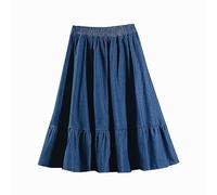 OVJENTSK Women's Elastic High Waist Flared Denim Midi Skirt Tiered Hem Lightweight Breathable Knee Length Casual Summer Jean Skirt for Everyday Wear Blue One Size