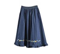 OVJENTSK Women's Elastic High Waist Flared Denim Skirt with Pockets Lightweight Breathable Floral Embroidered Loose Ruffle Jean Skirt for Everyday Wear Navy One Size