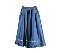 OVJENTSK Women's Elastic High Waist Flared Denim Skirt with Pockets Lightweight Breathable Floral Embroidered Loose Ruffle Jean Skirt for Everyday Wear Blue One Size