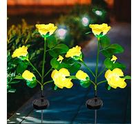 Ovker Solar Flower Lights Outdoor Garden, 2 Packs Solar Garden Lights with 10 LED Bigger Rose Flowers, Solar Waterproof Stake Lamps for Christmas Pathway Lawn Yard Fence Grave Decoration(Yellow)