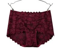 OVLAJ Full briefs 3 Pcs Women Plus Size Briefs Lace Hollow Lace High Waist Briefs-Burgundy,L