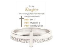 OVNMFH To My Daughter, Pray On It Golden Cross Ring, Whenever You Feel Overwhelmed, Always Remember To, S925 Silver Stackable Cubic Zirconia Cross Ring Pray Christian Religious Ring (Silver,9)