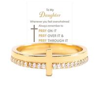 OVNMFH To My Daughter, Pray On It Golden Cross Ring, Whenever You Feel Overwhelmed, Always Remember To, S925 Silver Stackable Cubic Zirconia Cross Ring Pray Christian Religious Ring (Gold,9)